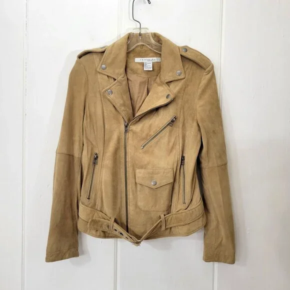 Rezrekshn by Ester Chen Tan Suede Moto Jacket Women's Size Small - Picture 2 of 7